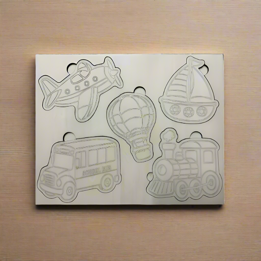 A wooden puzzle with an airplane, school bus, hot air balloon, sailboat and train design.