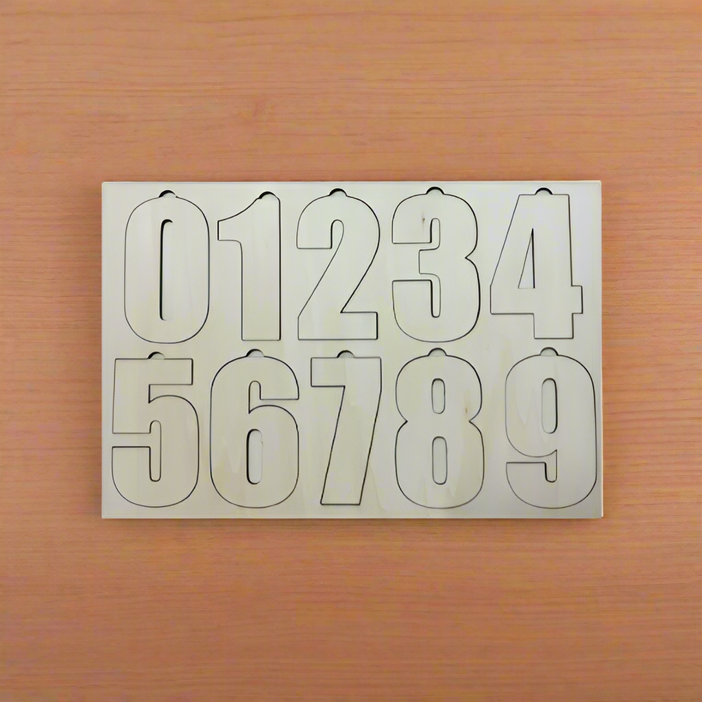 Set of wooden numbers from 0 to 9 on a wood background
