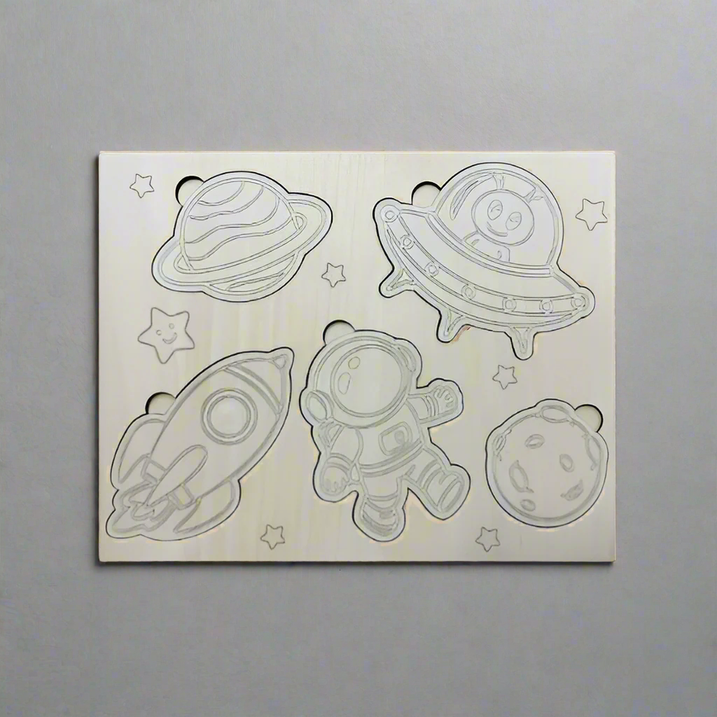 Wooden puzzle with space-themed cutouts on a white background